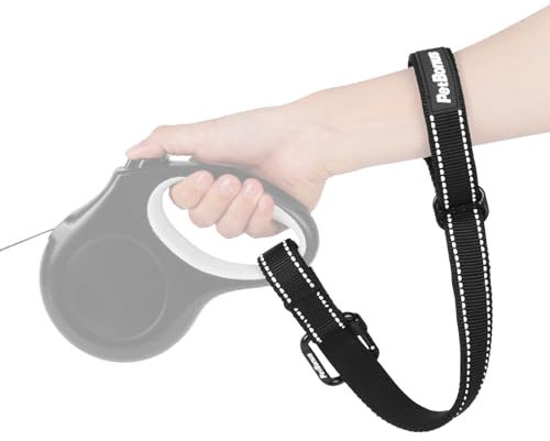 PetBonus Dog Leash Wrist Strap, Safety Strap for Retractable Leash, Lockable Reflective Short Dog Walking Lead with Adjustable Soft Padded Handle, Extra Layer Security for Pet Stroller (Black)
