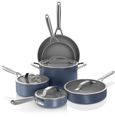 Ninja Ceramic Pro 10-Piece Cookware Set, Nonstick Pots and Pans Set with Glass Lids, PTFE Free, Ceramic Coated, Stovetop to Oven Safe, Compatible
