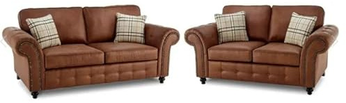 NIGHT HAVEN Faux Leather Sofa Range - Corner Sofa, 3 Seater, 2 Seater, Arm Chair, Cushion Top Footstool - Elegant and Comfortable Living Room Furniture (Brown, 3 + 2 Seater)