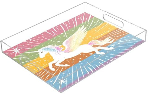 Winged Unicorn Acrylic Serving Trays, Clear Rectangular Tray with Handles Serving Platter for Coffee Table Kitchen Bathroom
