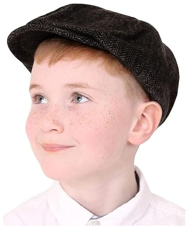 Barn platt keps tillbehör – paket med 2 – svart Newsboy-hatt med fiskbensmönster – pojkar flickor barn viktoriansk skola lek värld bok dag maskeraddräkt tillbehör