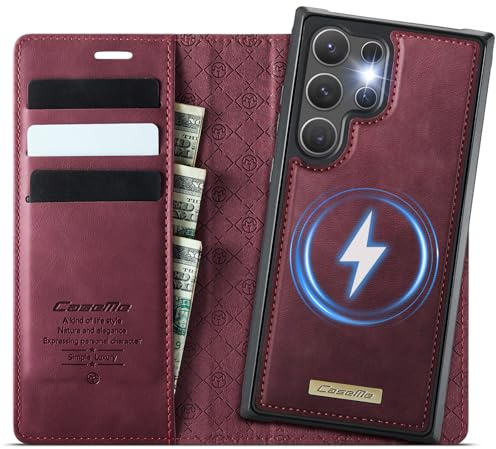 Coverilo Hülle für Samsung Galaxy S24 Ultra 5G, Abnehmbar 2-in-1 Magnetische Premium PU Leder Handyhülle Kabelloses Laden Kartenfach RFID Schutz Standfunktion Klapphülle für Galaxy S24 Ultra – Weinrot