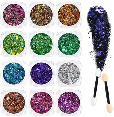 AOOWU Body glitter gel, 12 färger festival glitter ansikte gel paljetter med pensel, karneval make up glitter ansikte kropp glitter smink för halloween födelsedag, set B