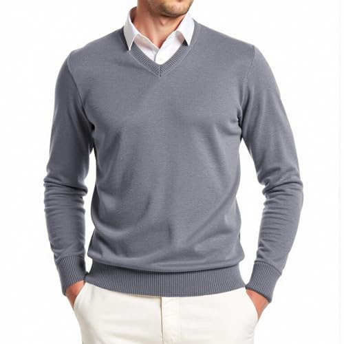 Misfuso Pull Homme à Col Chemise Pullover Homme Manches Longues Classiques en Maille Tricot l'automne Hiver Élégance Décontractée Gris XL