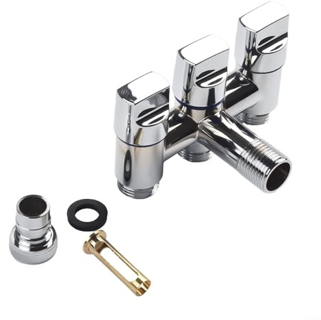 InThreeOut - Válvula de ángulo de control de tres vías con salida de agua independiente para accesorios de baño y cocina, interruptor giratorio de mango de metal, aleación de acero inoxidable (plata)