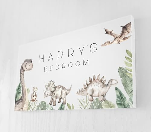 Personalised Dinosaur Door Sign for Children – Cute Dinosaur Design – 180mm x 100mm – 10mm Thick Foam Board – Kids Bedroom & Nursery Name Plaque with Sticky Pads