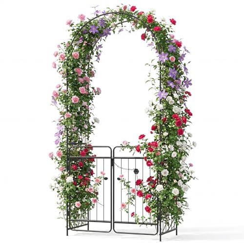 COSTWAY Rosenbogen mit Tür, Gartenbogen aus Metall stabil, Torbogen Garten, Rankbogen für Kletterpflanzen, Rankhilfe Rankgitter Rundbogen, inkl. Erdspieße, für Hochzeit Partys (102 x 49,5 x 223 cm)