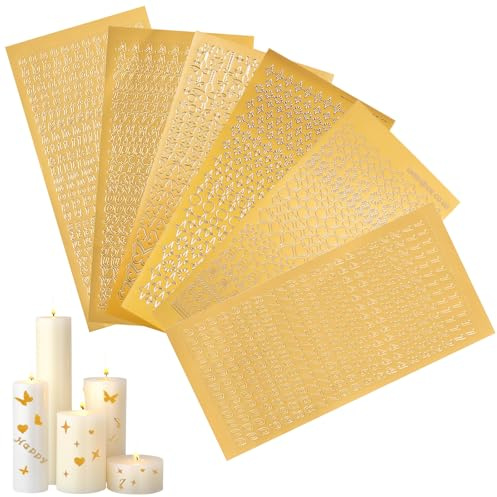 Wachsbuchstaben für Kerzen Gold – 6 Bögen Selbstklebende Wachs Buchstaben Kerze Set mit Zahlen & Sterne, Handmade Klebebuchstaben für Taufe Kommunion Hochzeit Geburtstag, Kerzentattoos Taufe Deko