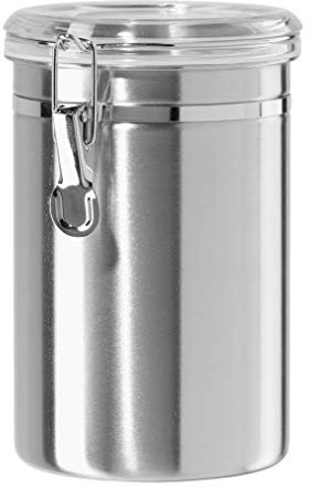 Oggi Stainless Steel Kitchen Canister 62 fl oz - Airtight Clamp Lid, Clear See-Thru Top - Ideal for Kitchen Storage, Food Storage, Pantry Storage. Large Size 5 x 7.5.