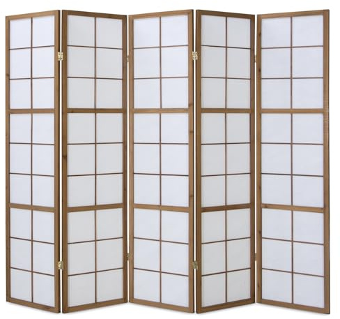 Homestyle4u Paravent Raumteiler 5 teilig Holz Braun Raumtrenner Sichtschutz Trennwand Reispapier Weiß