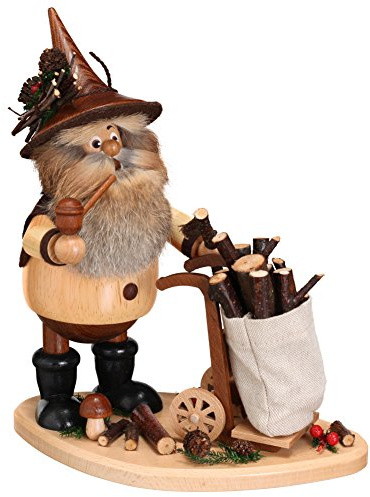 DWU Erzgebirgischer Räuchermann® Waldwichtel groß mit Karre auf Brett Natur - inkl. Original Crottendorfer Räucherkerzen #902