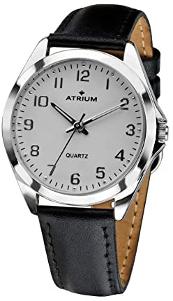 Atrium Damen Armbanduhr Klassisch Sehr Deutlich Silberfarben Analog Quarz mit Leder Armband Schwarz A11-10