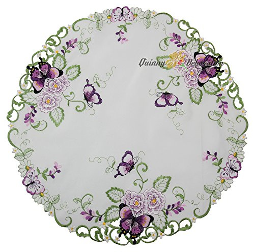 Quinnyshop Lila Schmetterlinge und Blumen Stickerei Mitteldecke 60 cm Rund Polyester, Weiß