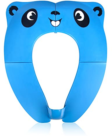 Pejoye Asiento de Inodoro Plegable para Niños, Reductor WC de Viajes Plegable, Portatil Asiento Inodoro Niños con 8pcs Almohadillas Antideslizantes y 1 Bolsa de Transporte, Panda Azul