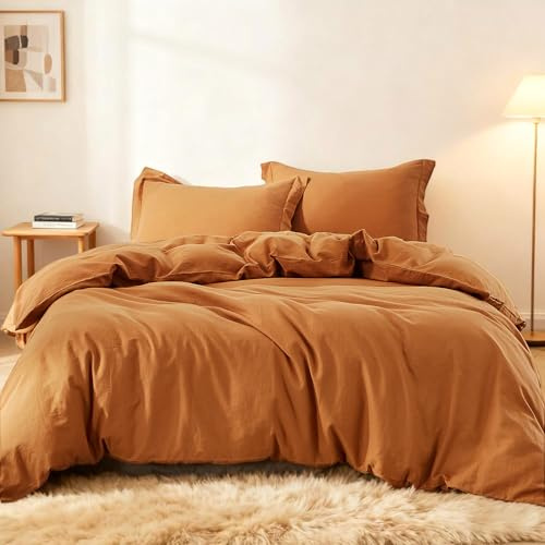 Simple&Opulence French Linen Duvet Cover Set 88 x 92- 3 Pieces (1 Comforter Cover,2 Pillowcases)- Natural Flax Cotton Blend-Solid Color Breathable Farmhouse Bedding-Rust, Queen