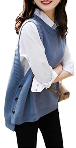 Alloaone Pull à col rond sans manches pour femme - Pull en tricot ample avec bouton latéral - Hauts populaires et élégants, bleu, XXL