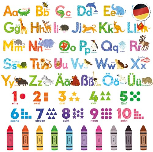 DECOWALL ABC Zahlen Farben Tieralphabet Wandsticker Wandtattoo (DS9-8071DE) | Selbstklebend, ablösbar und repositionierbar; frei anordenbare Motive für glatte Oberflächen und flexible Dekoration