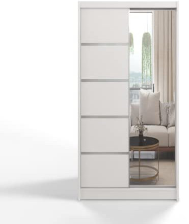 ML Furniture D3 Schiebetüren Kleiderschrank 100 cm mit Spiegel - Schlafzimmermöbel, Aufbewahrung - Mehrzweckschrank - Farbe: Weiß
