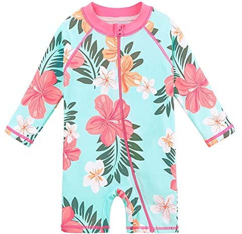HUAANIUE Traje de baño de 1 pieza para niña con protección UV UPF 50+, traje de baño de una pieza con cremallera, manga larga, 1 mes-6 años, S308-full cyan Flower, 1-2 Años