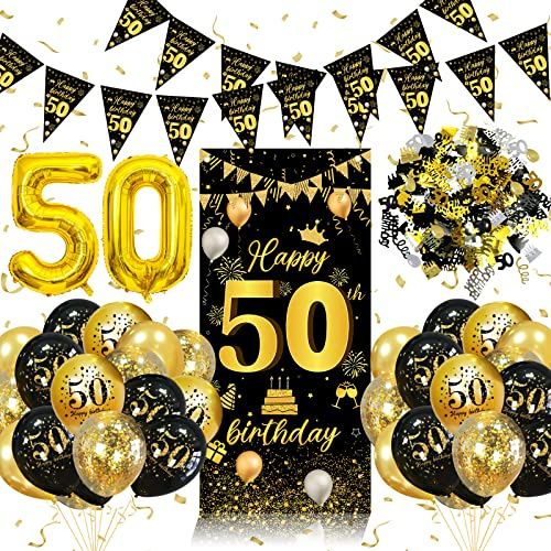 50th Birthday Decorations for Women Men, 50th Birthday Balloons Black Gold with 50 Balloons, Triangle Flag Banner, Banner | 50 Year Old Party Supplies Decor