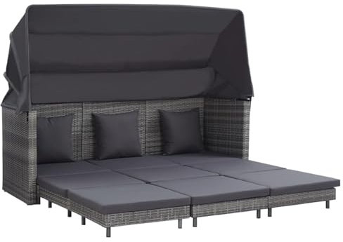 LAPOOH Ausziehbares 3-Sitzer-Schlafsofa mit Dach, Gartenmöbel, Balkon Möbel, Balkon Lounge, Gartenlounge, Gartensofa, Loungemöbel, Sitzecke Balkon, Poly Rattan Grau