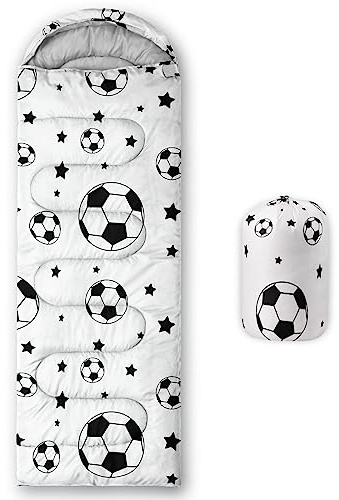 HOSIMA Saco de dormir con estampado de fútbol blanco, ligero, cálido, portátil, para exterior e interior, impermeable, resistente al frío, saco de dormir para camping, senderismo (fútbol 11)