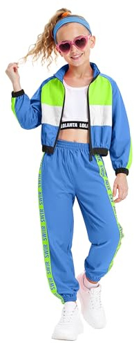 LOLANTA Conjunto de 3 piezas de ropa de hip hop para niñas, chándal retro de los años 80, camiseta sin mangas corta, chaqueta con cremallera y pantalones deportivos, Azul oscuro, 11-12 años, 160