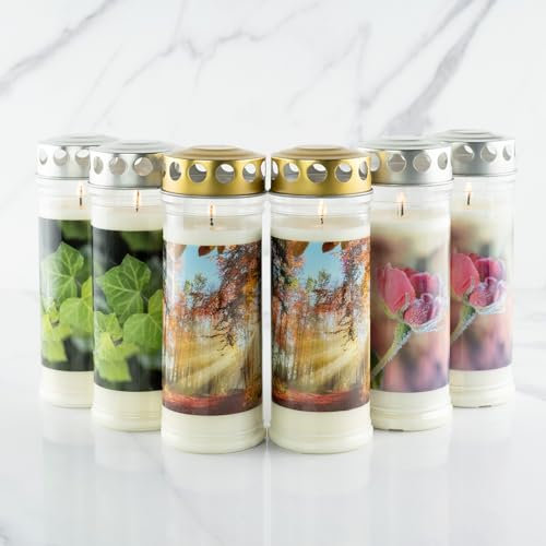 6er Set HOFER GRABKERZEN 7 Tage Brenndauer - Das Original [Stille Select] Trauerkerzen mit Deckel | Grablicht, Friedhofskerze mit Motiv und Spruch | Kerzen für Grabdeko und Grabschmuck