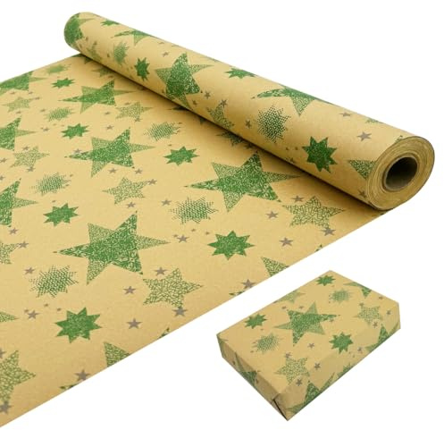 43 cm × 20 M Weihnachtsgeschenkpapierrolle, Kraftpapier bedruckt mit grünen Sternen, recycelbare Kraftpapierrolle für, WeihnachtenGeburtstag, Hochzeit, Geschenkpapier