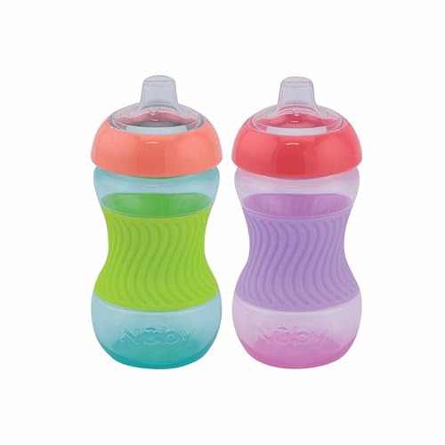 Nuby - Confezione da 2 Mini Tazze - Bicchiere didattico per bambini con impugnatura in silicone – Bicchiere per bambino - 2 pezzi Rosa e Verde - 180 ml - 4+ Mesi