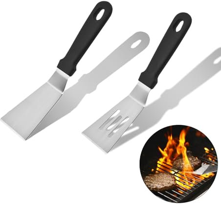 Quixotical 2 Pezzi Spatola per Bistecca in Acciaio Inossidabile, Set Spatola Rettangolare e Cucchiaio Barbecue, Ideale per Sollevare e Girare Hamburger, Uova, Bistecche