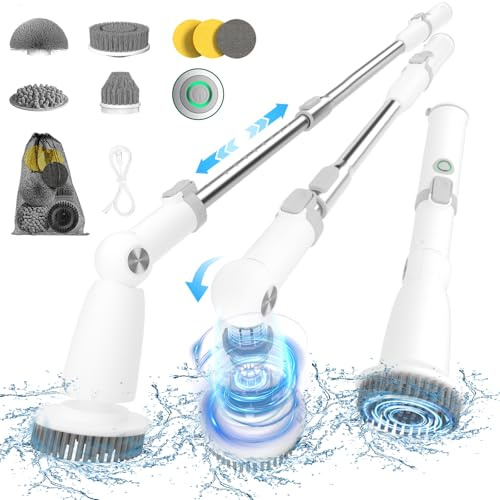 Marchpower Electric Spin Scrubber, Power Shower Scrubber Cordless Cleaning Brush 6 Replaceable Brush Heads, 2 Speeds, Adjustable Detachable Handle, IPX7 Waterproof Bathroom Scrubber Tub Tile Floor