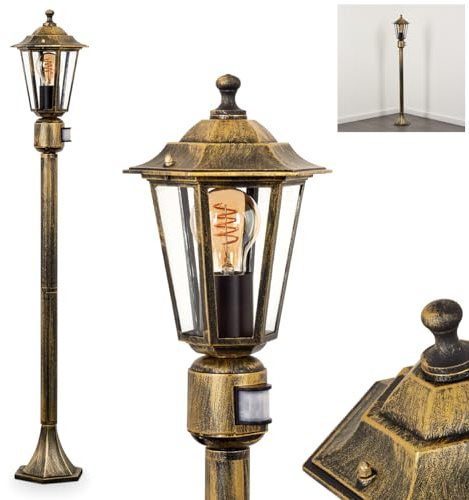 HOFSTEIN Außenstehleuchte Loria, Außenwegeleuchte mit Bewegungsmelder aus Metall/Glas in Gold-Braun/Klar, Wegeleuchte im Landhaus/Antik/Vintage-Design für Garten, Außenbereich, Hof, 107 cm, E27, IP44