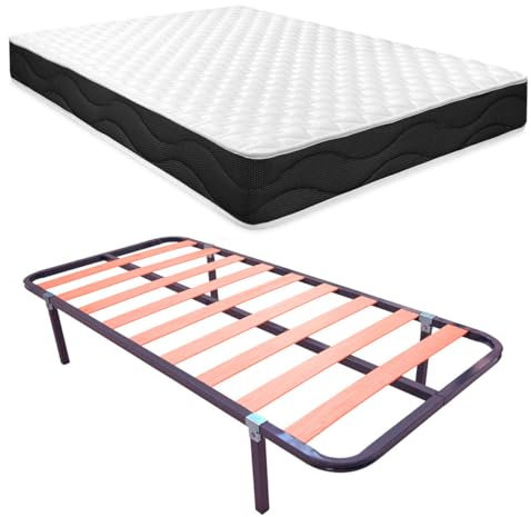 Homey - Letto completo con materasso Sleep Pro reversibile + rete a doghe Basic con 4 gambe morsetto, 90 x 190