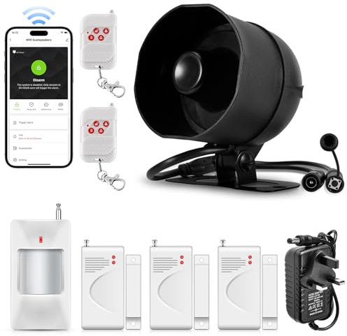 Wifi Wireless Security Burglar Door Alarm System Kit for Garage Shed House Hotel Shop Apartment, Weatherproof Siren Horn with Remote Control Door Contact Sensor,Motion Sensor,APP Remote Control