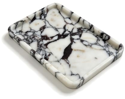 Artisanal Abode Plateau en Marbre Blanc et Bordeaux 25 × 17 cm | Plateau en marbre blanc veiné de bordeaux pour parfums, bijoux, bougies, clés et petits objets de coiffeuse