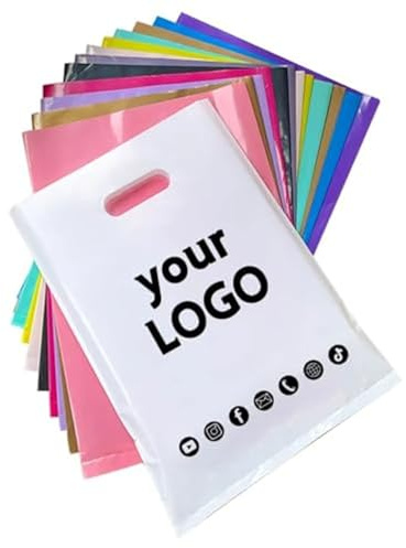 jfs Einkaufstaschen mit individuellem Logo, mit Geschenktüten, wiederverwendbare Merchandise-Tragetasche, personalisierter Text, Logo, Kunststoff-Verpackungsbeutel (Schwarz, 30 x 40 cm), 100 Stück