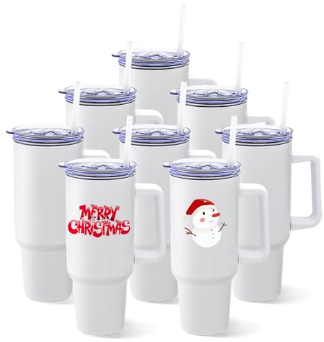 YOUKE OLA Paquete de 8 vasos de sublimación de 40 onzas con asa, aislados de acero inoxidable, vasos grandes para café a granel, tazas de viaje para vaso, prensa de calor, impresión de horno de