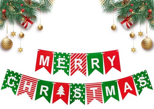 Guirnaldas de Feliz Navidad,Banderolas de Navidad Rojas y Verdes,Banderas de Navidad Decoraciones Colgantes,BannerPancarta para Interior Exterior Chimenea Pared Jardín Fiesta Casa Decoración