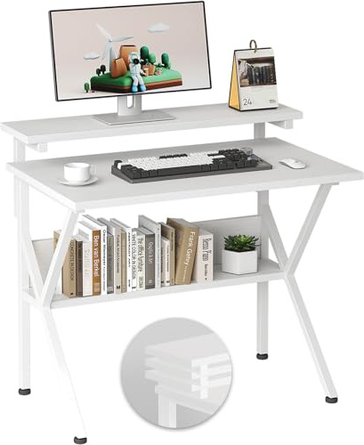 CAIYUN Scrivania, piccola scrivania per computer, 70 x 48 cm, scrivania piccola con ripiano, scrivania per computer per casa, studio, camera da letto, nero, bianco