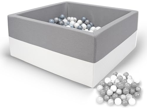Rainbow Kids - XXL Luxus Bällebad Bällepool Bällebecken Spielbälle Kugelbad Bällchenbad Spielbecken Ball Bällepool (90x90x40 mit 200 Bällen) (Grau-Weiss)