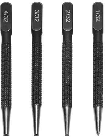4Pcs Nail Punch, Centre Punch Set, Positioning Punch Set, 1/32, 2/32'', 3/32,4/32'' (0.8mm-3.2mm) Strong Steel Nail Punch, for Drilling and Marking, Metal, Wood, Glass