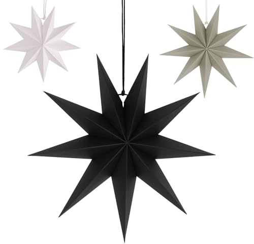 40cm & 30cm & 25cm Papiersterne Weihnachten - 9 Zackig Schwarz, Grau, Weiß Faltsterne Weihnachten Papier Stern zum Aufhängen Weihnachtskugel für Weihnachtssterne Papierstern Hängend Weihnachtsdeko