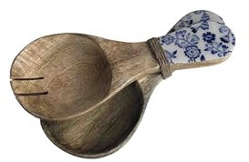 Juego de 2 Cubiertos de Ensalada de Madera de Mango, 22 x 9 cm, con Diseño Azul