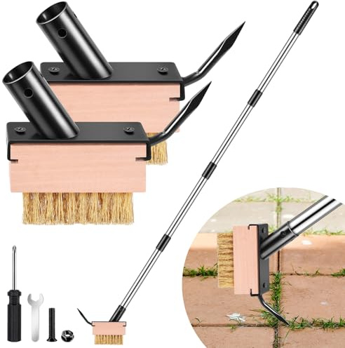 MUDEREK Crack Weeder Tool - Weed Puller Tool with 2 Heads and Scraping Hook, Paver Weeding Moss Remover Brush with Adjustable Steel Handle for Cleaning Paving Joint Sidewalk Patio Stone Driveway Deck