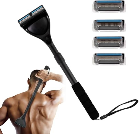 EASACE Rasoirs pour le dos 6.0 pour homme, rasoir de dos pour homme avec lame de sécurité, tondeuse à poils du dos et du corps, long manche réglable de 53,3 cm, rasoir incurvé à faire soi-même
