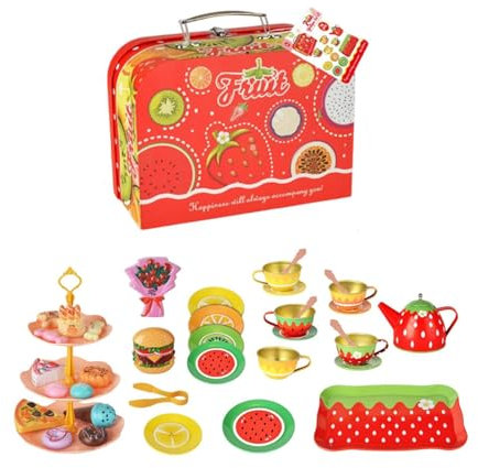 Amagogo Juego de té de Juguete con Estuche de Transporte, Juego de rol de Cocina, Juego de Tetera de hojalata de Metal para niños y niñas, Edad 3 4 5 6