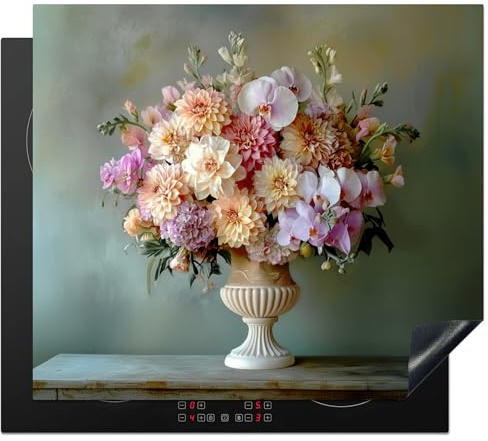 KitchenYeah© Herdabdeckplatte Einteilig Ceranfeld Abdeckplatte Küche Deko | 59x52 cm - Ceranfeldabdeckung Herdabdeckung Induktionsmatte Orchidee - Blumenstrauß - Vase - Blumen