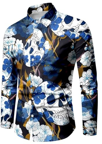 WAZHAKU Carnival Costume Men's Casual Shirt Skull Rose 3D Printed Long Sleeve Shirts Button Down Hawaiian Vintage with Stand-Up Collar Loose Beach Shirt Casual Shirt Hawaii Shirt Pattern Long Sleeve