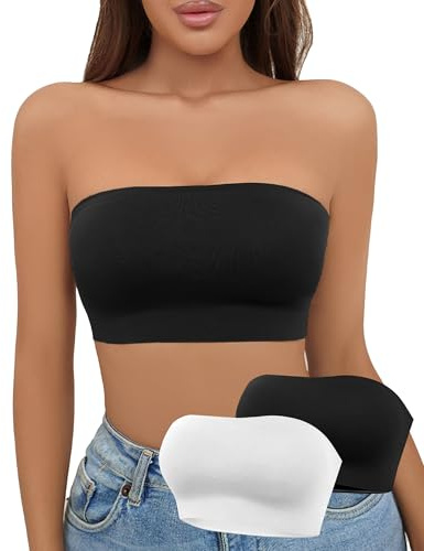 EOAMGO Reggiseno senza spalline da donna senza spalline, top a fascia, non imbottito, top elasticizzato, comodo senza cuciture, 2 pezzi, Nero + bianco, M